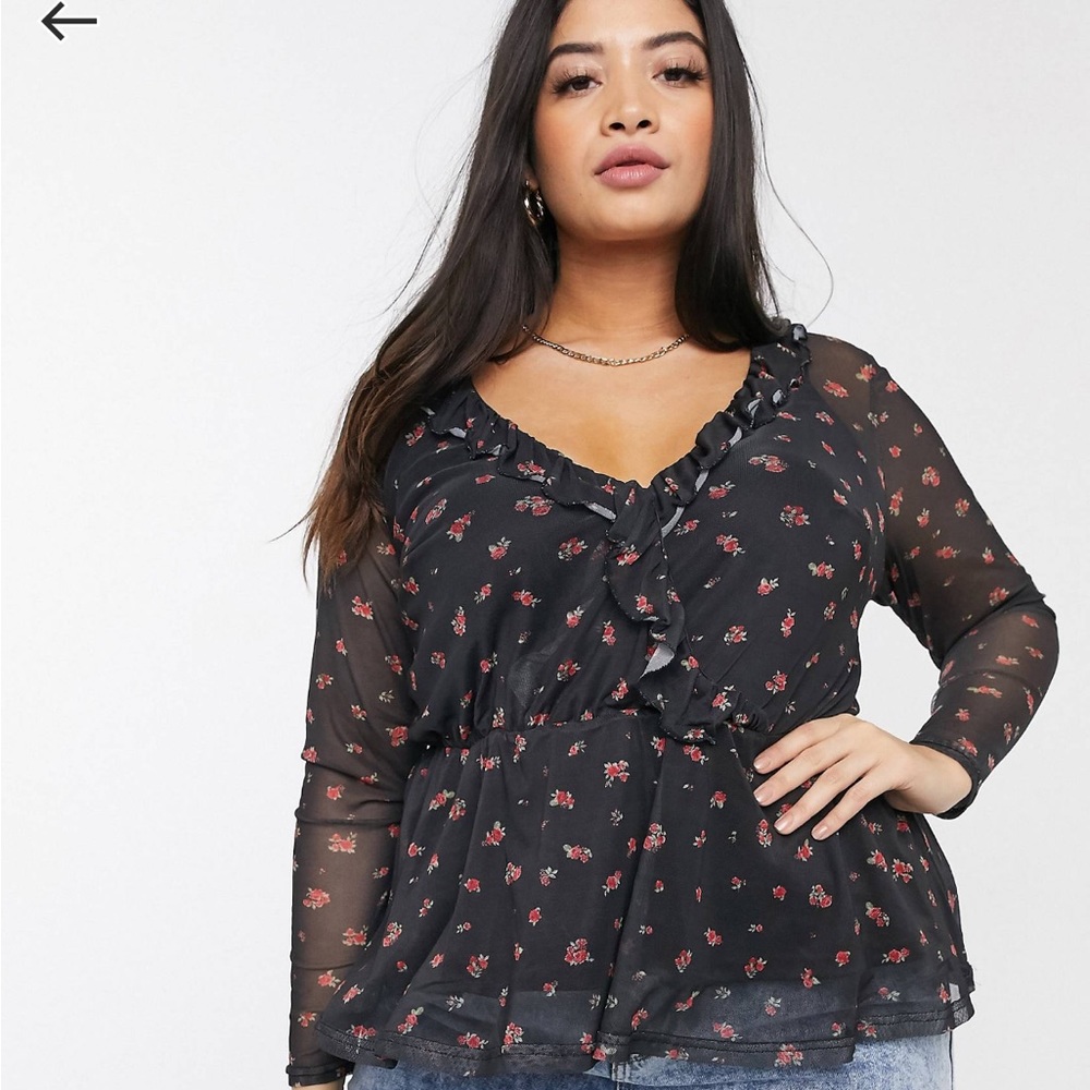 NEW LOOK CURVE | Mesh Ruffle Peplum Top in Black Floral Size 18